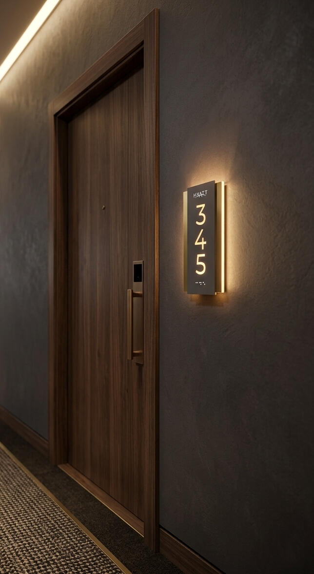 LED hotel room number display with ADA compliant Braille and logo